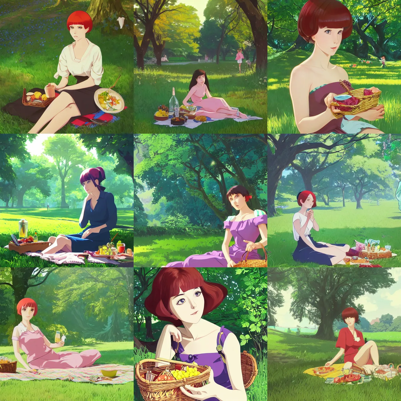 Prompt: portrait of a woman having a picnic in a lush park, ilya kuvshinov face, highly detailed, cel shading, digital painting, anime screenshot, in the style of hayao miyazaki and alphonse mucha