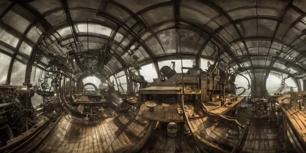 Prompt: 3 6 0 x 1 8 0 hdri panorama of a dieselpunk submarine interior set design, cinematic lighting, color contrast, arri alexa, anamorphic bokeh, professional lighting, 4 k, photographed by erik johansson, graded with davinci resolve