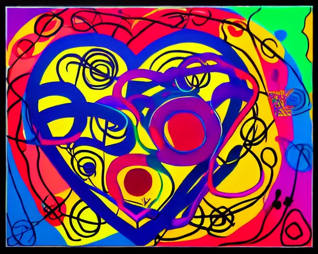 Image similar to graffiti, heart made with circles and lines, vivid colors, highly detailed, simple, no jagged lines, smooth, artstation, artwork by blek le rat