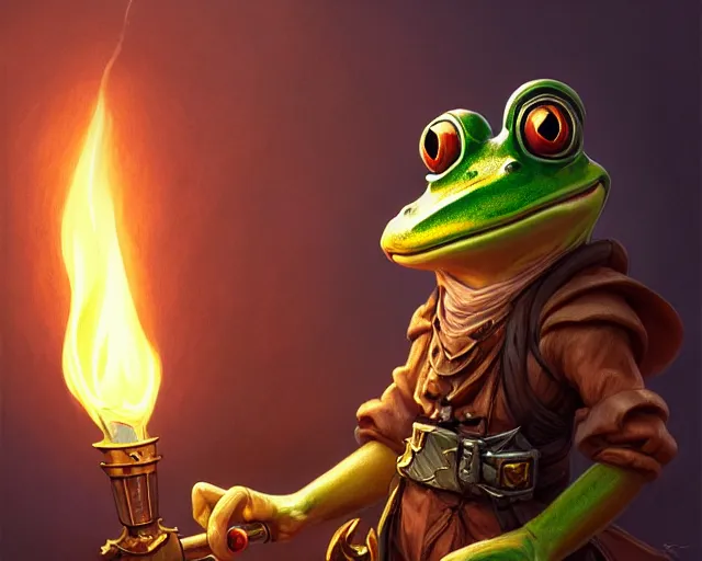 Image similar to an anthropomorphic frog shopkeeper from final fantasy, holding a torch, deep focus, d & d, fantasy, intricate, elegant, highly detailed, digital painting, artstation, concept art, matte, sharp focus, illustration, hearthstone, art by artgerm and greg rutkowski and alphonse mucha