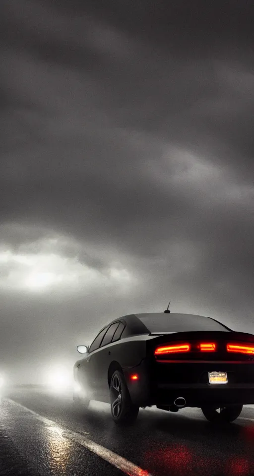 Prompt: far away photograph of the back lights of a 2 0 1 1 dodge charger driving down a highway in the rain, dark, gothic, lovecraftian, hyperrealistic, 4 k, highly detailed,