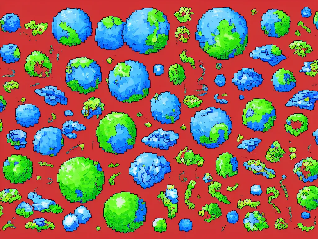 Prompt: isometric pixel art planets sprite sheet in gouache detailed pixel art rotated left rotated right props stylised,