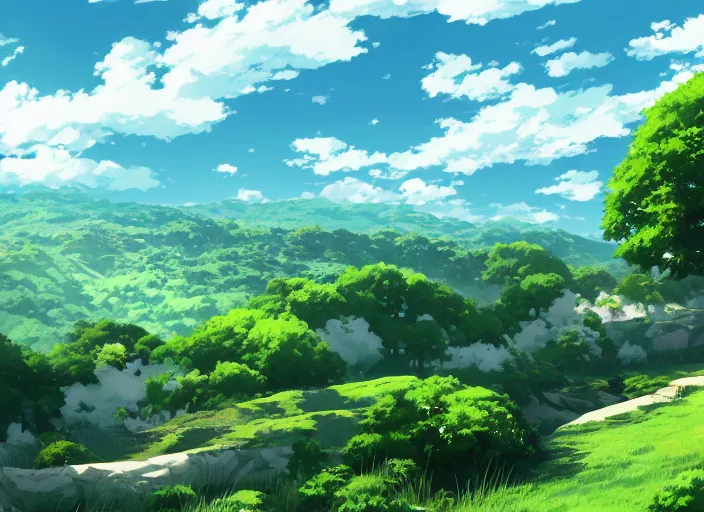 Prompt: illustration of a wide shot green hills with clouds in the background, | | anime key visual, official media, illustrated by wlop, extremely detailed, 8 k, trending on pixiv, cinematic lighting, beautiful