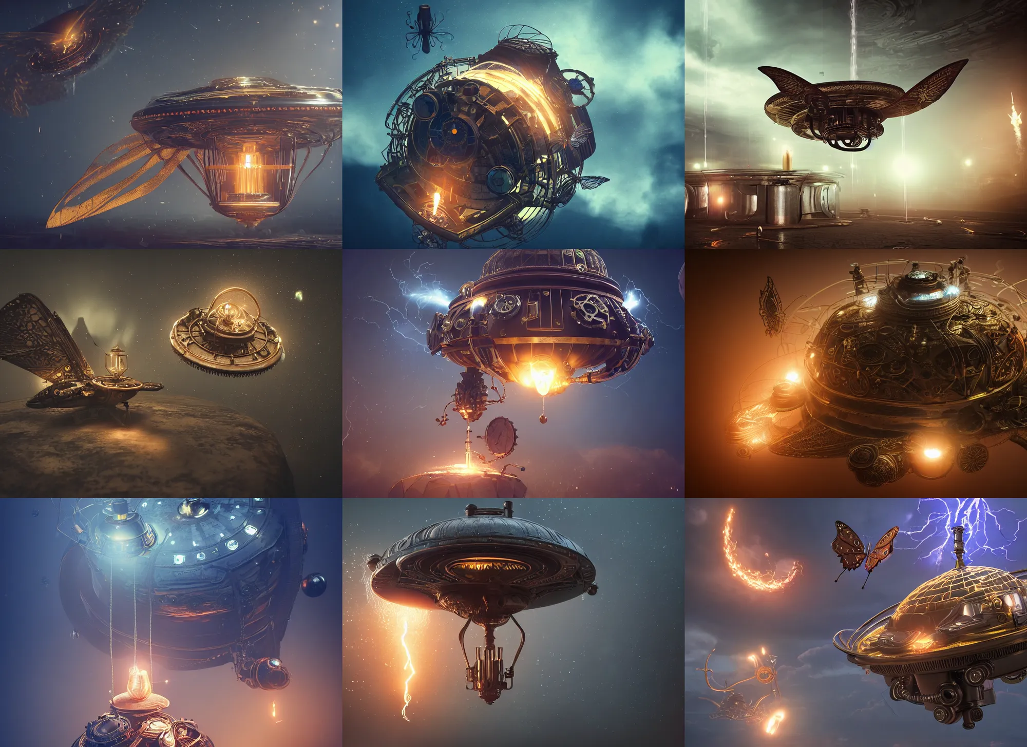 Prompt: steampunk ufo, lightning, intricate detail, volumetric lighting, epic composition, hyper detailed, ultra realistic, sharp focus, octane render, candle, butterfly, volumetric, ray tracing, artstation trending, cgsociety, sense of awe, swirling mist, 4 k