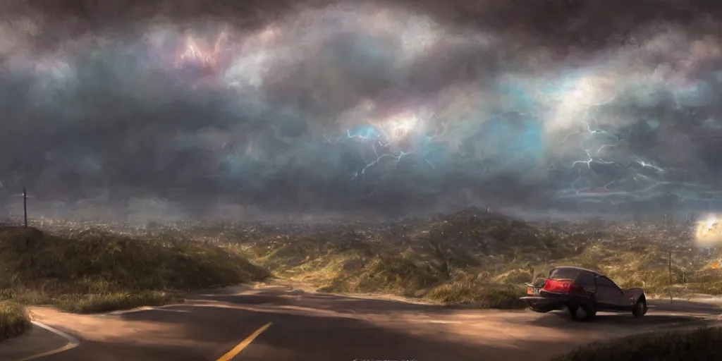 Prompt: a strong lovecratian monster attacks a rich los angeles suburb, matte painting trending on artstation, james gurney, view from a car, ominous sky