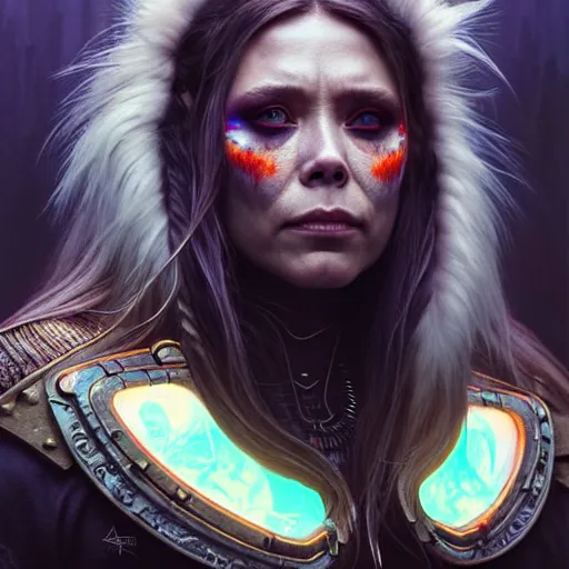 Image similar to portrait painting of a cyberpunk orc shaman extremely muscular ugly elizabeth olsen, ultra realistic, concept art, intricate details, eerie, highly detailed, photorealistic, octane render, 8 k, unreal engine. art by artgerm and greg rutkowski and charlie bowater and magali villeneuve and alphonse mucha