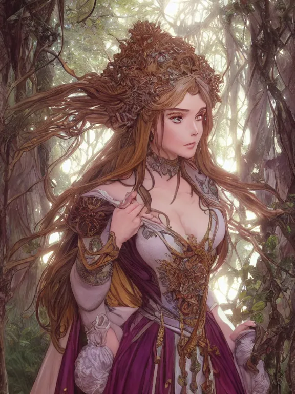 Prompt: anime key visual closeup of amora the enchantress wearing a medieval gown!! intricate, magical forest, stunning, highly detailed, digital painting, artstation, smooth, hard focus, illustration, art by artgerm and greg rutkowski and alphonse mucha