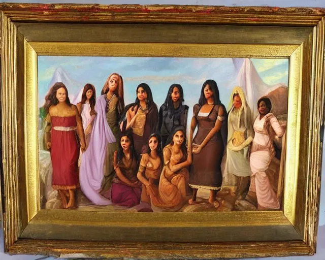 Prompt: beautiful oil painting of a brown man and his 7 wives in the afterlife. the beautiful curvy women are in love with their husband. lovely scene