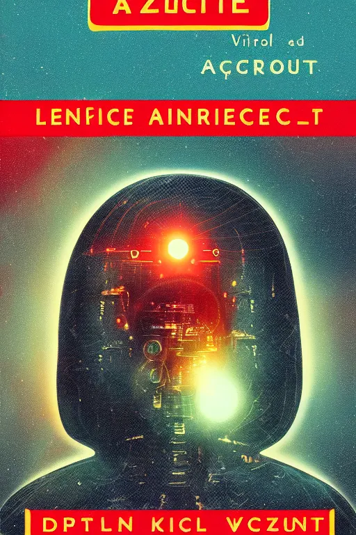 Image similar to vintage science fiction book cover, depicting artificial intelligence, azure color bleed, warm red tones, film grain, lensflare