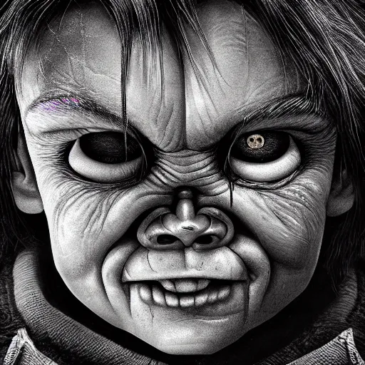 Image similar to portrait of chucky, intricate artwork, concept art, octane render, deviantart, cinematic, key art, hyperrealism, iridescent accents, portrait photograph, nikon 3 5 mm, photograph by greg rutkowski