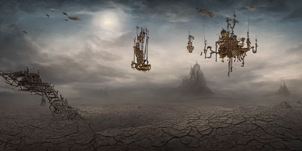 Prompt: steampunk zepellin floating above aral lake desert in the style of jaroslaw jasnikowski, dramatic lighting, colorfull, epic, photorealistic, perfectly centered, baroque style, steampunk, alexander mikhalchuk, jaroslaw jasnikowski, dariusz zawadzki, h. r. giger, trending on artstation