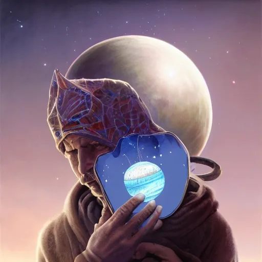 Image similar to male nomad wearing a cloak on an alien world and holding a holographic planet projection in his hand, covered face, detailed, sci - fi, digital painting, artstation, sharp focus, illustration, artgerm, tomasz alen kopera, peter mohrbacher, donato giancola, joseph christian leyendecker, wlop, frank frazetta