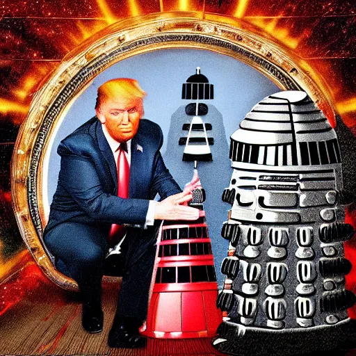 Image similar to a beautiful photograph of donald trump being exterminated by a dalek, detailed face, symmetrical face, extreme realism and detail, 8 k, completely framed, direct lighting, 3 5 mm photo, photorealistic, sharp focus