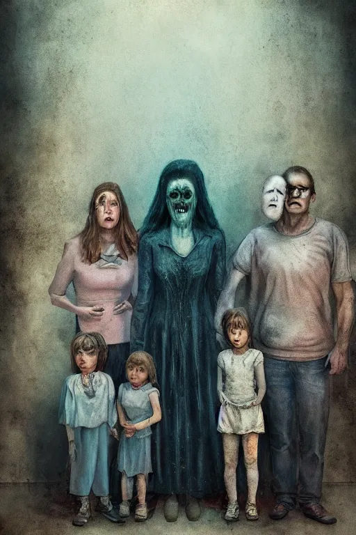 Image similar to an unsettling old colored family photograph, anxious people standing in a large haunted house, phantom ghosts in the background, cinematic, horror, photorealistic, vintage, artstation, painterly, expressive