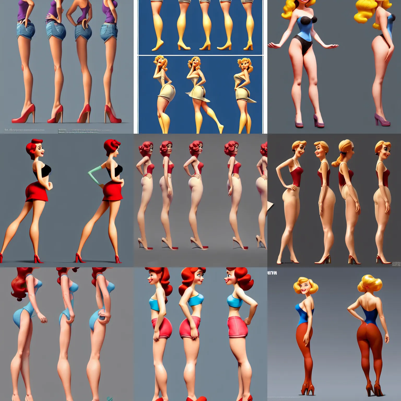 Prompt: a beatiful pin up girl, pixar character model sheet turnaround, front and side views, back view also, trending in artstation, cgsociety award, symetrical face, detailed skin, 4 k, hd, by steven stahlberg