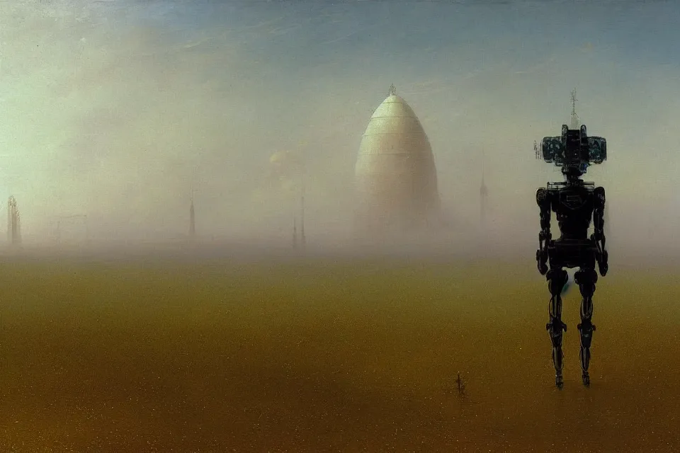 Image similar to sci-fi painting of a large alien city on the vast wheat fields, the closed back view of only one humanoid robot on the ground, by Ivan Aivazovsky, godrays, detailed