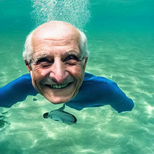 Prompt: a smiling old man hidden under water