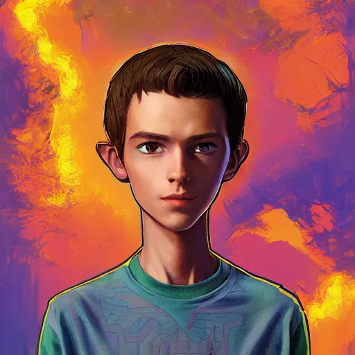 Image similar to a skinny young man with brown hair and glowing green eyes as a super hero, pixar cute, highly detailed, sharp focus, neon color, digital painting, floating particles, excitement, artwork by Jeremiah Ketner + Mati Klarwein + Fintan Magee + Chris Mars, background artwork by greg rutkowski