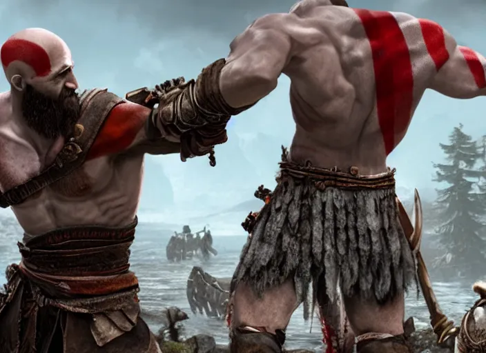 Image similar to in game screenshot of kratos holding up a laptop computer in victory from the new god of war game, 4 k
