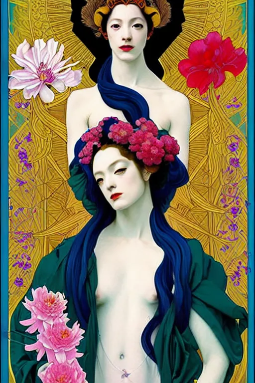 Image similar to 3 Deities symbolically representing March, April, and May, in a style blending Æon Flux, Peter Chung, Shepard Fairey, Botticelli, Ivan Bolivian, and John Singer Sargent, inspired by pre-raphaelite paintings, shoujo manga, and cool Japanese street fashion, dramatically blossoming flora and fauna, petals falling everywhere, pastel vivid triad colors, hyper detailed, super fine inking lines, ethereal and otherworldly, 4K extremely photorealistic, Arnold render