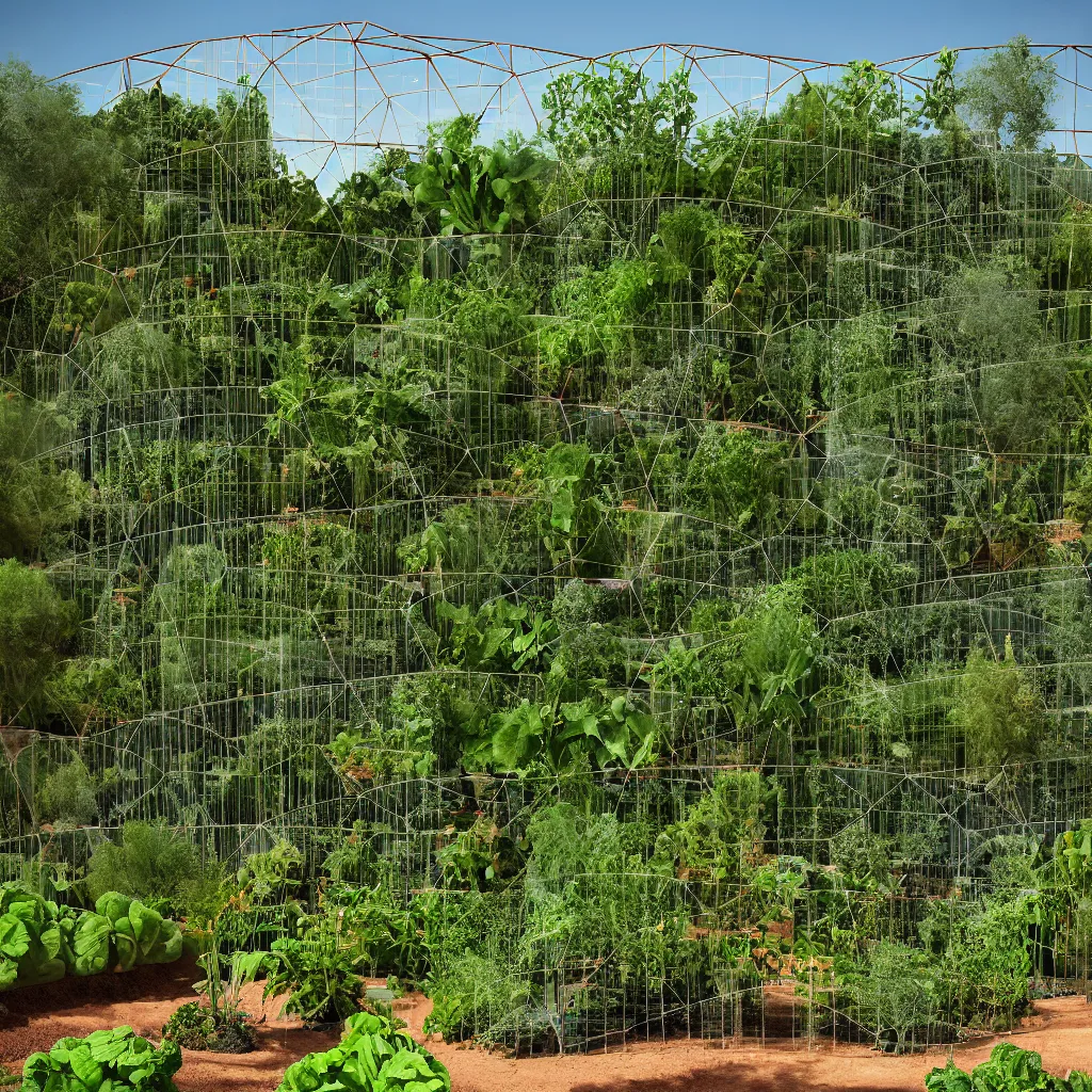 Image similar to terraformation project, permaculture, torus shaped electrostatic water condensation collector tower, irrigation system in the background, vertical vegetable gardens under shadecloth and hexagonal frames, in the middle of the desert, XF IQ4, 150MP, 50mm, F1.4, ISO 200, 1/160s, natural light