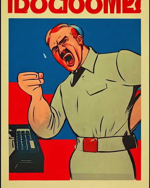 Image similar to soviet propaganda poster of an angry communist developer yelling at his computer