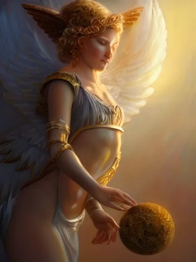 Prompt: an angel holding the world like a baby. intricate, elegant, highly detailed, digital painting, artstation, concept art, sharp focus, illustration, by justin gerard and artgerm, 8 k