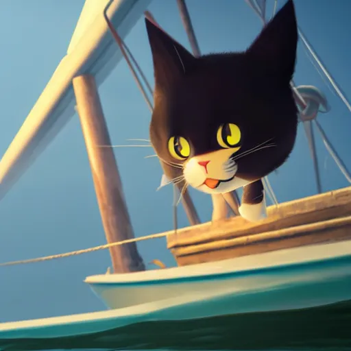 Image similar to a wholesome animation key shot of a black cat! on a boat! close to the shore in the night, medium shot, studio ghibli, pixar and disney animation, sharp, rendered in unreal engine 5, anime key art by greg rutkowski, bloom, dramatic lighting