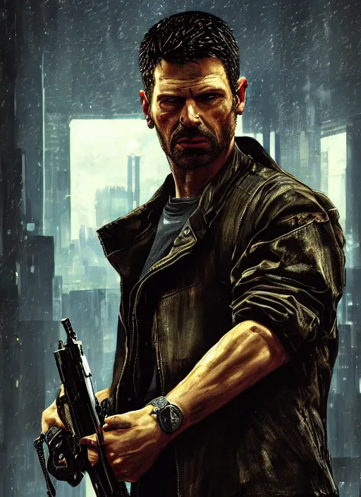 Image similar to max payne. cyberpunk mercenary in a military vest ( blade runner 2 0 4 9, cyberpunk 2 0 7 7 ). orientalist portrait by john william waterhouse and james gurney and theodore ralli and nasreddine dinet, oil on canvas. cinematic, hyper realism, realistic proportions, dramatic lighting, high detail 4 k