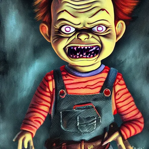 Prompt: fantasy painting of chucky by rick and morty | horror themed | creepy