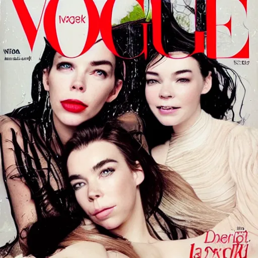 Image similar to stunning vogue magazine photo of dark - haired goddesses vanessa kirby, hailee steinfeld, and bjork smiling, legs intertwined, laying back on the bed, with wet faces!!, wet lips, smooth skin, perfect eyes, insanely detailed, elegant, by wlop, rutkowski, livia prima, mucha, wlop,