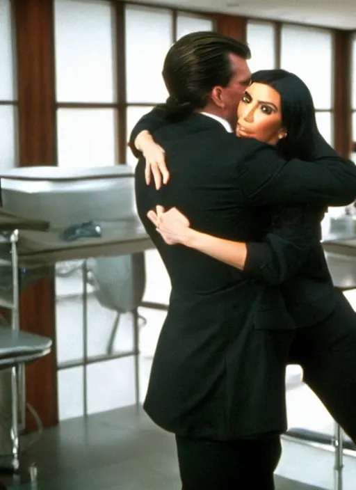 Image similar to film still of kim kardashian hugging Patrick Bateman in American Psycho.