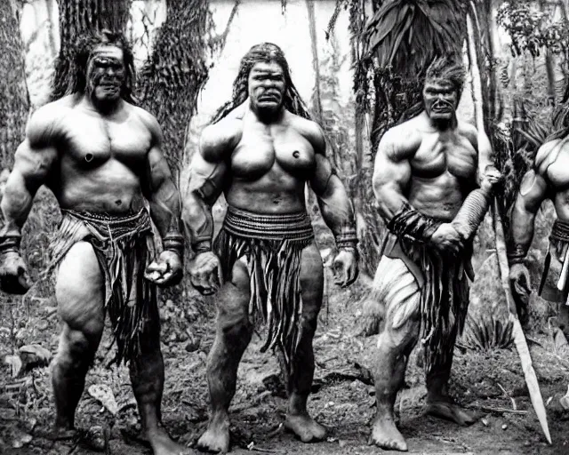 Image similar to hyper realistic group vintage photograph of an orc warrior tribe in the jungle, tall, muscular, hulk like physique, tribal paint, tribal armor, grain, old