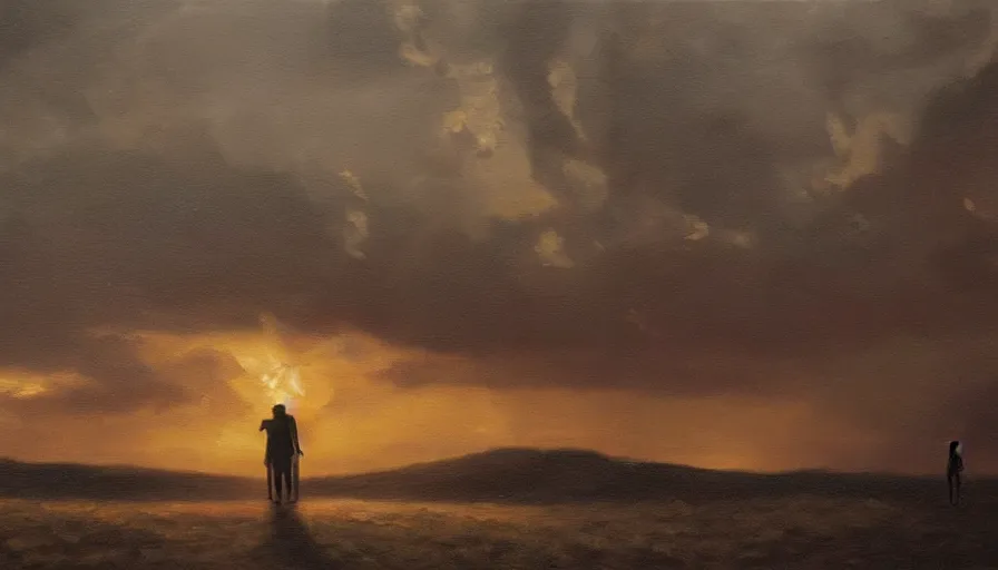 Prompt: oil painting, lovers leaving together, cinematic lighting, wow, establishing shot