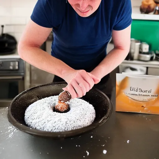 Prompt: Andrew Price, the blender guru, making donuts
