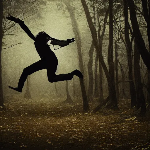 Image similar to An award winning photograph of a a ninja in a moody forrest jumping