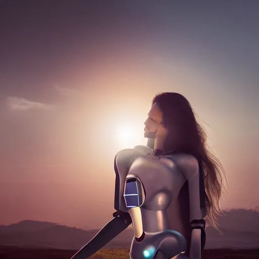 Prompt: beautiful Fine art photography of a solarpunk part robot part sensual human girl with real human face and torso, white background, highly detailed, medium shot, photorealism, sunset lighting 8k