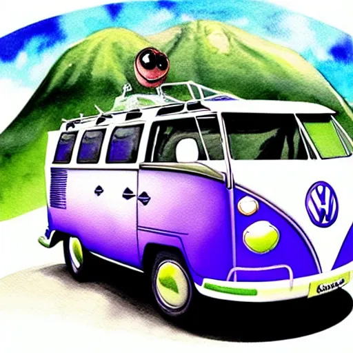 Image similar to fisheye perspective caricature watercolor painting of a vw volkswagen bus, bulli, type - 2, microbus, kombi from pixars cars with eyes instead of a windshield flying towards the camera, jumping at the viewer doors fully open, luggage in the air, dynamic action shot, fish eye lense, frontal, huge vulcano is seen in the background