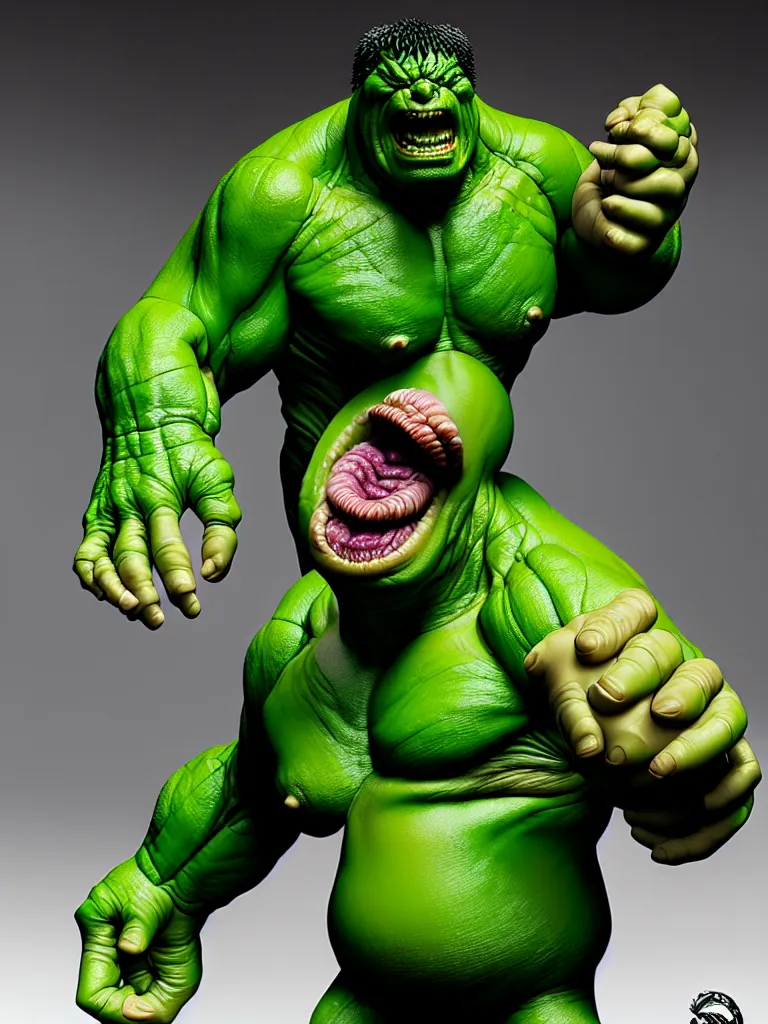 Prompt: hyperrealistic rendering, fat smooth cronenberg flesh monster hulk by bernie wrightson and killian eng and joe fenton, product photography, action figure, sofubi, studio lighting, colored gels, colored background