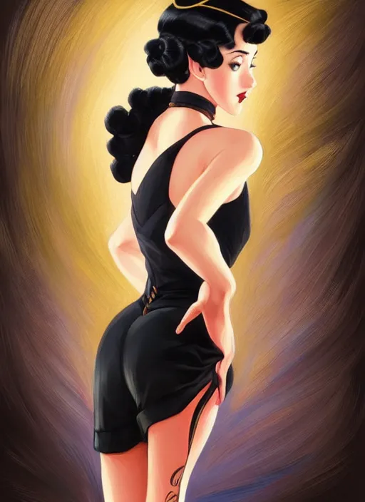 Image similar to a beautiful dancer with black hair in 1940's fashion, ballroom background, intricate, highly detailed, digital painting, artstation, official media, anime key visual, concept art, rich vivid colors, ambient lighting, sharp focus, illustration, art by Artgerm, Makoto Shinkai, Ilya Kuvshinov, Lois Van Baarle, and Rossdraws