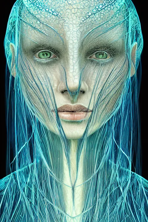 Prompt: dark underwater portrait of a Bioluminescent woman, with reaction diffusion semi-transparent skin. face closeup. long intricate dark hair, with jellyfish. very high detail, illustration, by alex grey