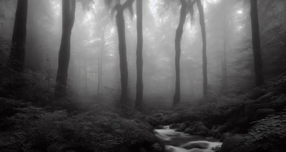 Prompt: deep inside the forest, stream, fog, mist, moss, ferns, epic, award winning photo by ansel adams, maximalist masterpiece, artstation