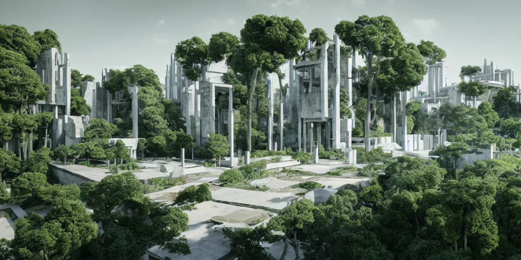 Prompt: verdant classical garden based on the brutalist architecture of carlo scarpa in a megacity made of travertine temples, sci-fi, a white space elevator in the distance light blue sky with clouds, dramatic matte painting, 4k museum photograph, octane render, photorealistic, hyperrealism