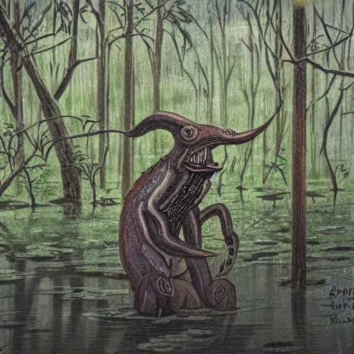 Prompt: Bunyip in a swamp. High quality.