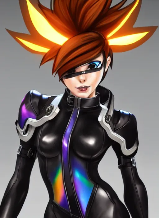 Image similar to full body digital artwork of tracer overwatch, wearing black iridescent rainbow latex, 4 k, expressive happy smug expression, makeup, in style of mark arian, wearing detailed black leather collar, wearing sleek armor, black leather harness, expressive detailed face and eyes,