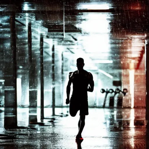 Prompt: a handsome young man working out in the rain, cyborg, photo, cybernetic implants