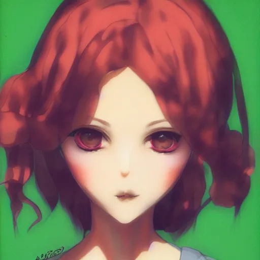 Prompt: beautiful young girl, curly green hair, polaroid, Ilya Kuvshinov, Range Murata