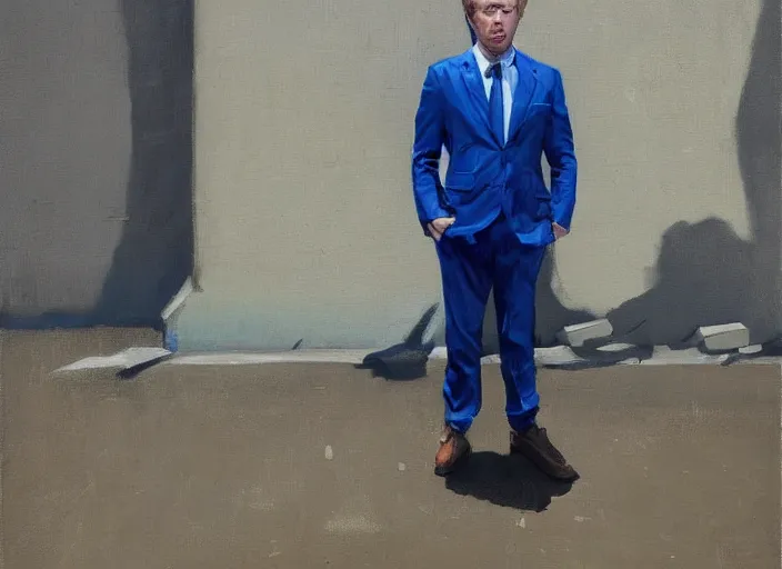 Image similar to greg manchess portrait of a defeated blond man in a blue suit on the ground in an arena, profile picture, organic painting, sunny day, matte painting, bold shapes, hard edges, street art, trending on artstation, by huang guangjian, gil elvgren, ruan jia, randy vargas, greg rutkowski