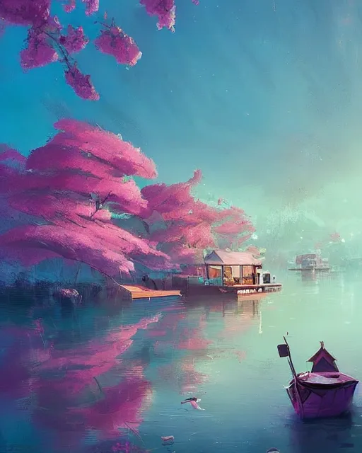 Image similar to a houseboat by a small fishing village on the river | cherry - blossoms | highly detailed | very intricate | serene romantic fantasy whimsical magical | professional cinematic lighting | pixar | award - winning | matte painting by anton fadeev and paul lehr and rhads and alena aenami | pastel color palette | featured on artstation