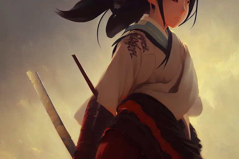 Prompt: baroque oil painting of anime key visual concept art of a samurai girl, vedy anime, trending on artstation, oil on canvas, style of makoto shinkai greg rutkowski studio ghibli